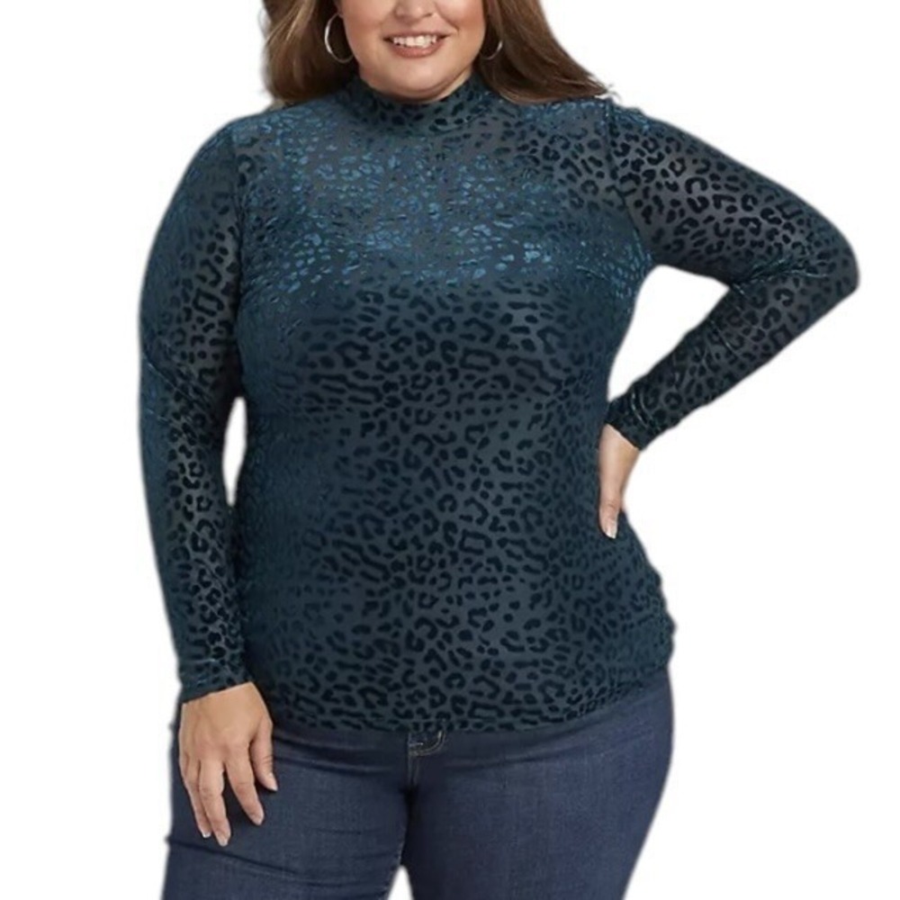 LANE BRYANT  Leopard Burnout Velvet Mock Neck Top Teal 18/20 Long Sleeve Stretch